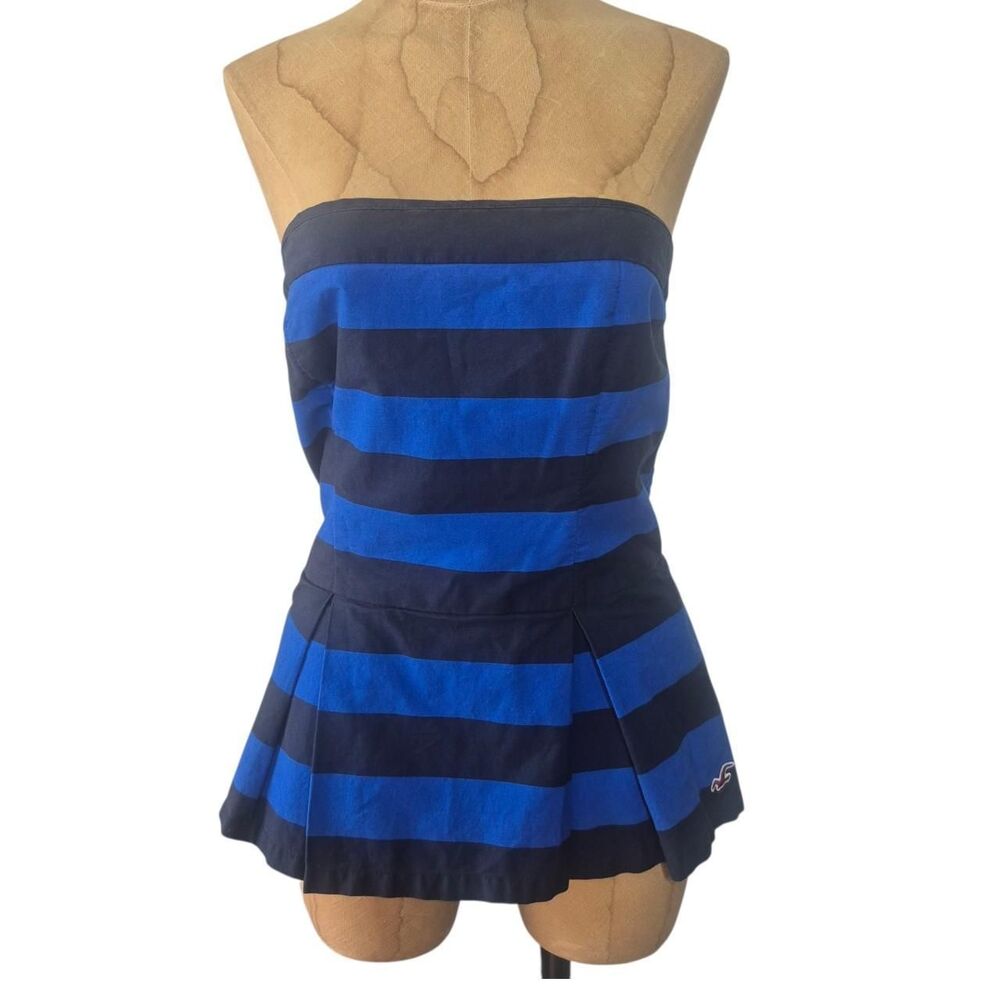 Hollister Blue & Black Striped Strapless Peplum Top Y2K Size Large